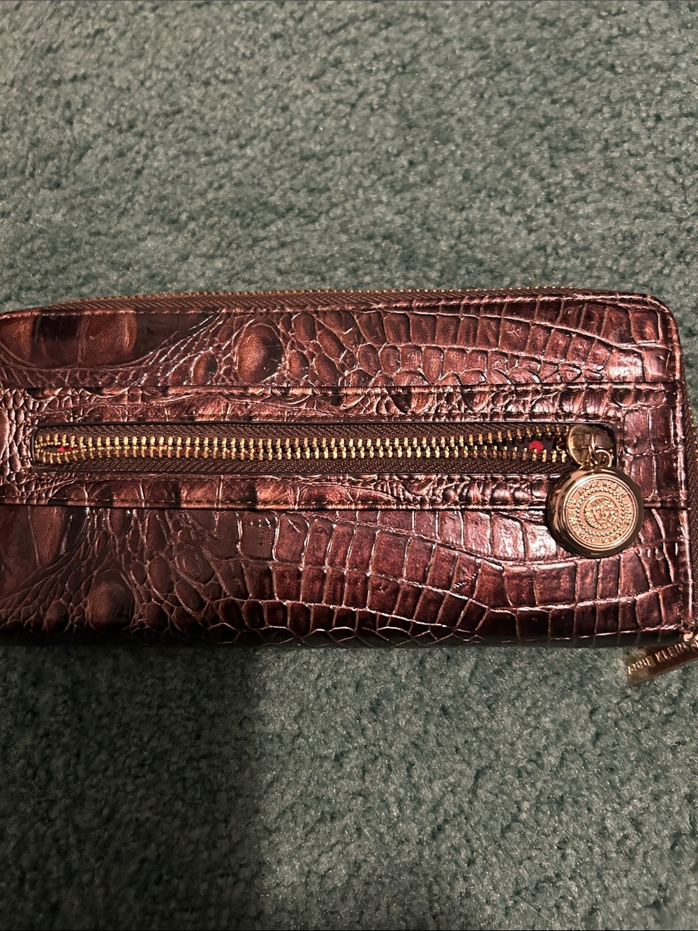 Anne Klein Brown Croc-Embossed Zip Wallet with Gold Hardware